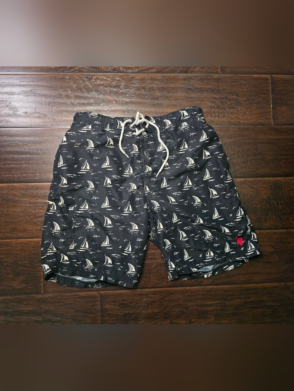 US Polo Assn Mens Lined Sailboat Print Black Pool Swim Short Trunks Large